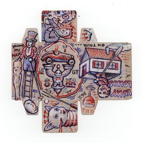 Luky Lokus, 2006, Farbstift, Kugelschreiber,Deckweiss auf Maggiwürfelpackungsabwicklung, 16x17cm